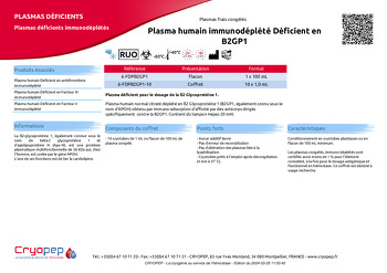 Fiche produit Plasma humain immunodéplété Déficient en B2GP1