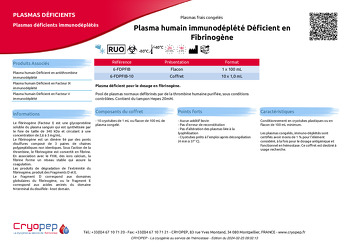 Fiche produit Plasma humain immunodéplété Déficient en Fibrinogène