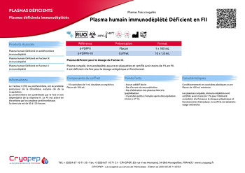 Fiche produit Plasma humain immunodéplété Déficient en FII