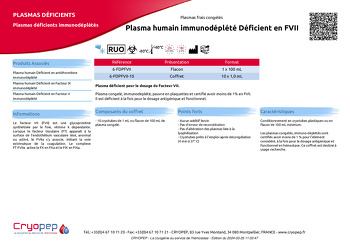 Fiche produit Plasma humain immunodéplété Déficient en FVII