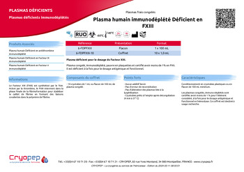 Fiche produit Plasma humain immunodéplété Déficient en FXIII