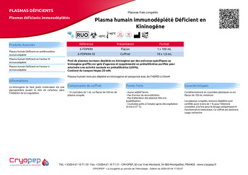 Fiche produit Plasma humain immunodéplété Déficient en Kininogène