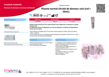 Fiche produit Plasma normal citraté de donneur sain (vol > 50mL)