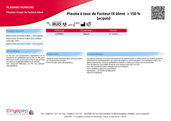 Fiche produit Plasma à taux de Facteur IX élevé  > 150 % (acquis)