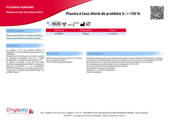 Fiche produit Plasma à taux élevé de protéine S : > 150 %