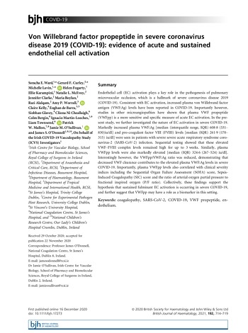 Von Willebrand factor propeptide in severe coronavirus disese 2019 (COVID-19): evidence of acute and sustained endothelial cell activation