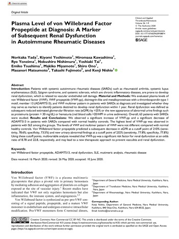 Niveau plasmatique du propeptide du facteur von Willebrand au moment du diagnostic : un marqueur de dysfonctionnement rénal dans les maladies rhumatismales auto-immunes